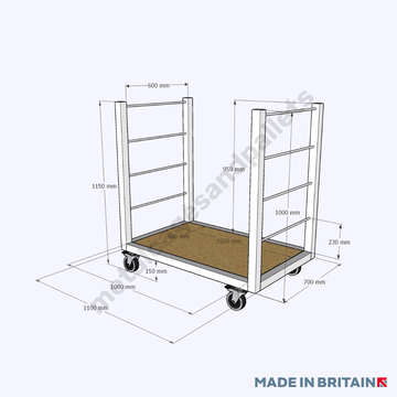 Technical drawing of heavy duty distribution trolley stillage with removable shelves and castor wheels.